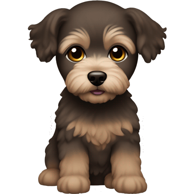 Caucasian woman, medium straight brown hair and brown eyes. with black maltipoo emoji