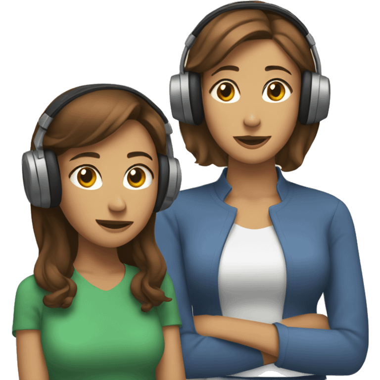 woman with brown, short hair wearing wired headphones sitting next to a woman with long brown hair resting her head on the other woman’s shoulder emoji