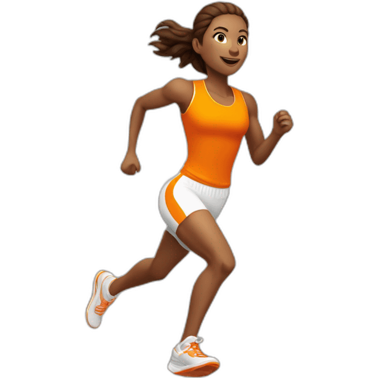 female athletic parcour athlete in orange white cloths, running emoji