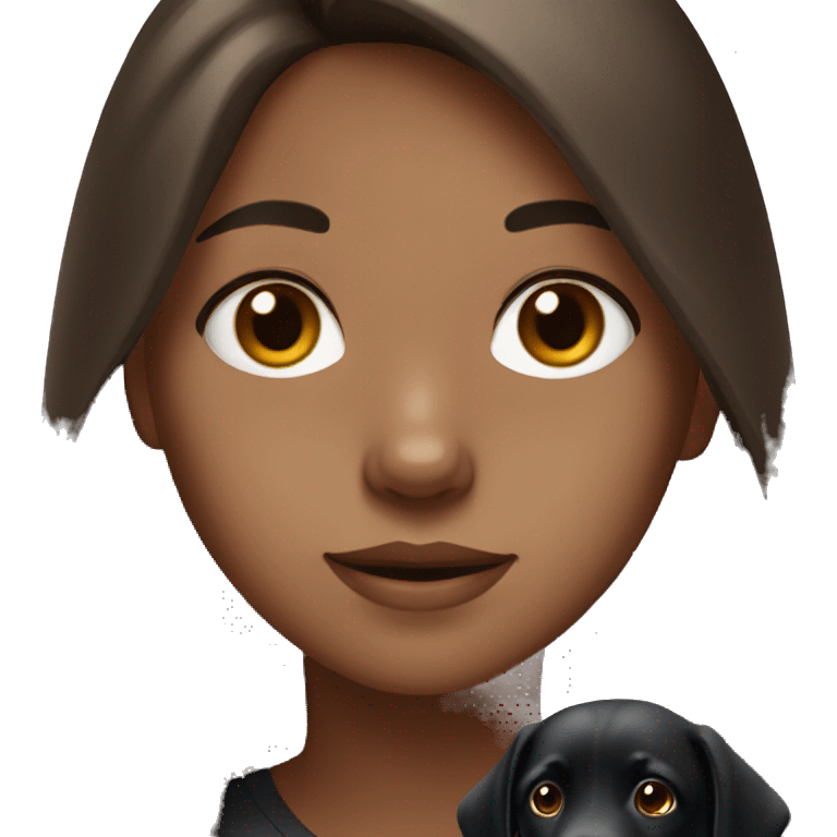 Girl with long brown hair and brown eyes and a black lab emoji