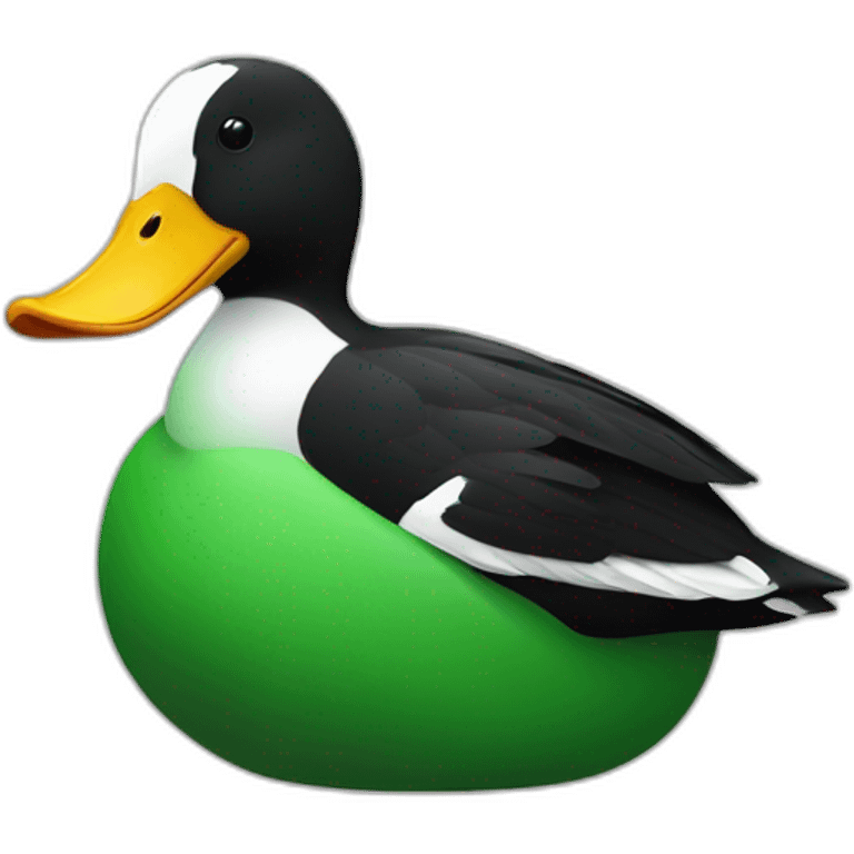 A green duck sitting on top of a black and white badger emoji