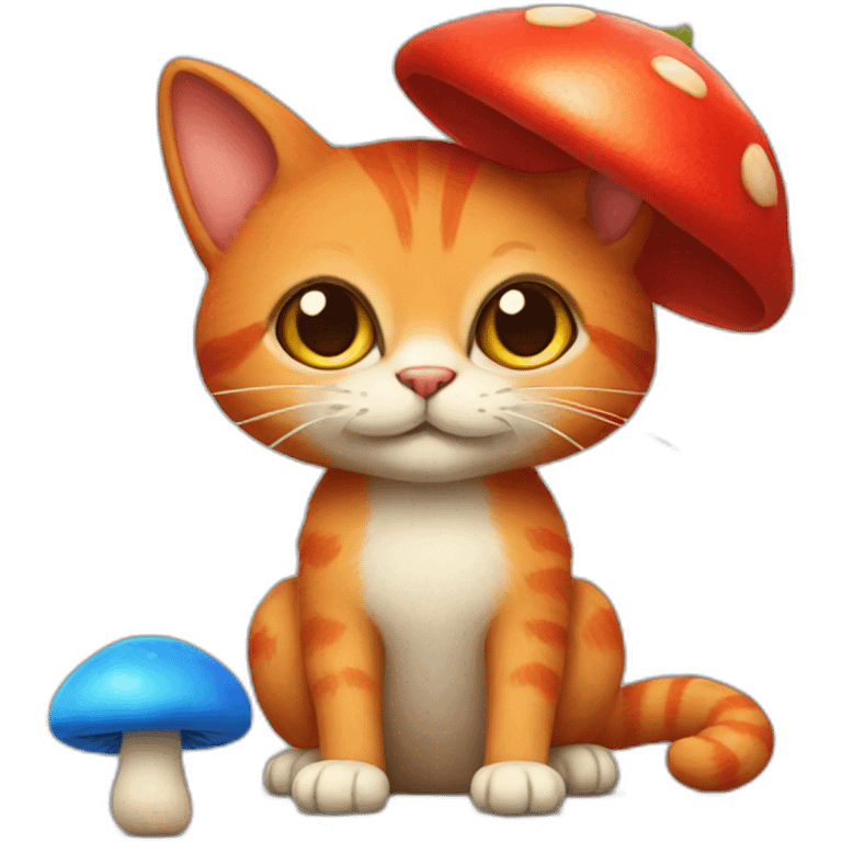 a red cat with a blue nose and a mushroom cap emoji