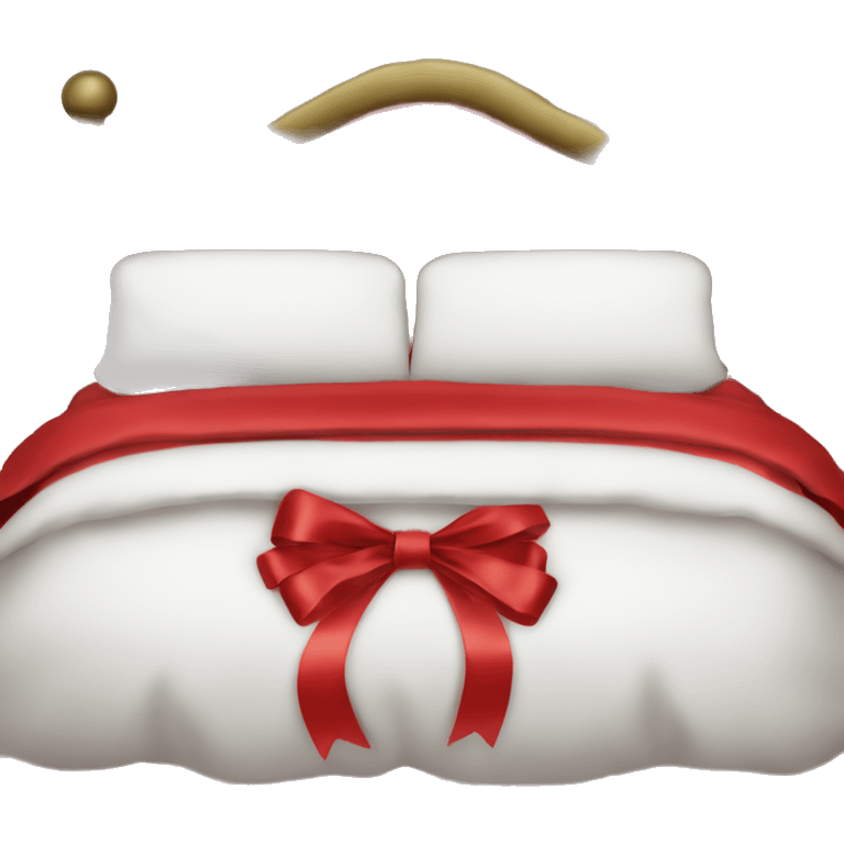 Bed with luscious satin red sheets and bows and a christmas pillow emoji