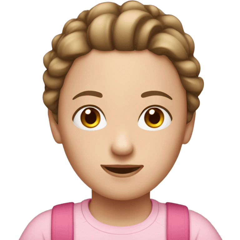 A pale white woman with brown hair up In a ponytail wearing pink t shirt and overalls emoji