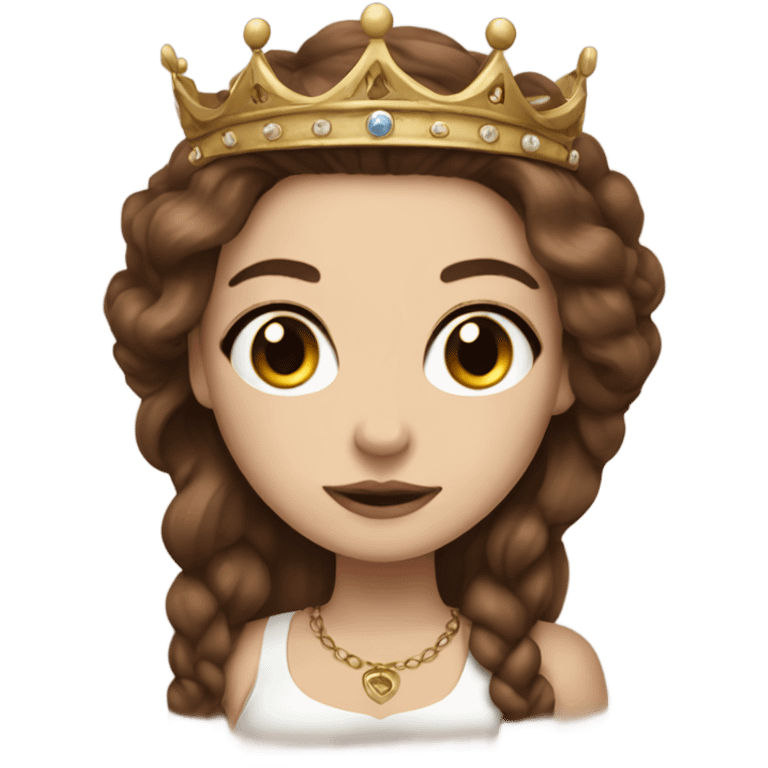 Beautiful girl with white skin, wearing a crown long brown hair and tattoos emoji