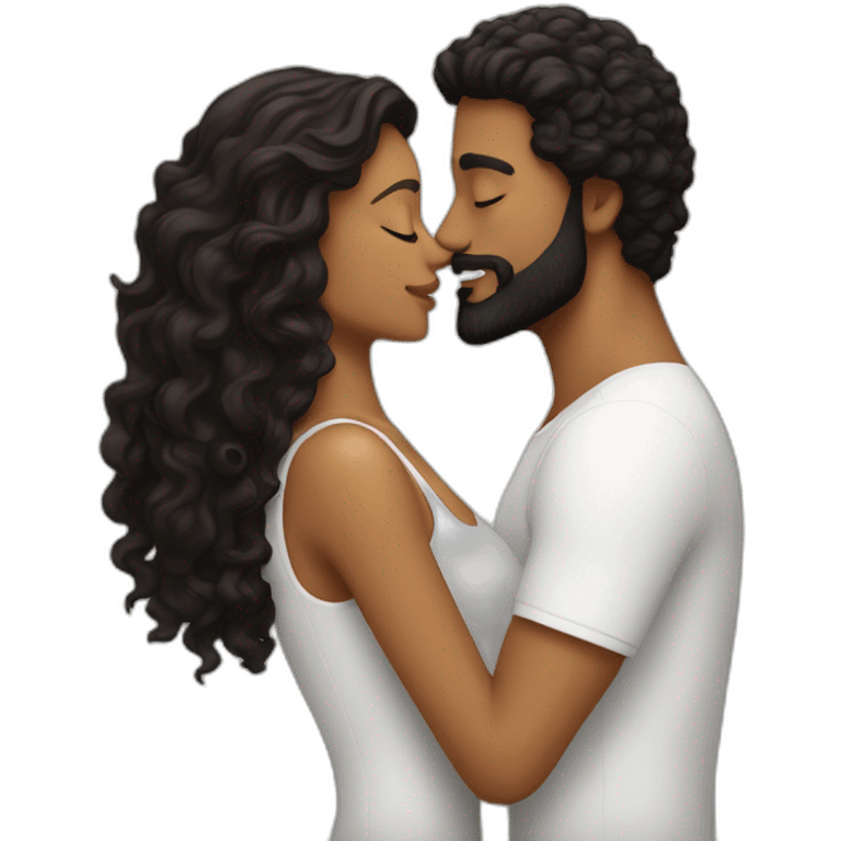 Brown man with a smooth black hair and a black beard kissing a White woman with long brown curly hair emoji