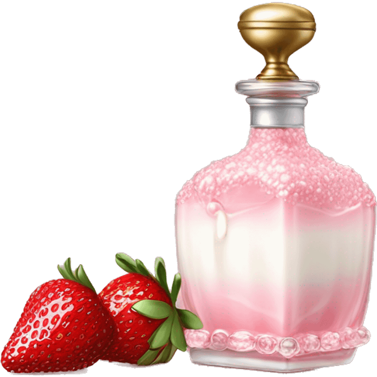 Antique parfumerie bottle with oil, made of red crystals, white cream and pink strawberry milk pour from the bottle emoji