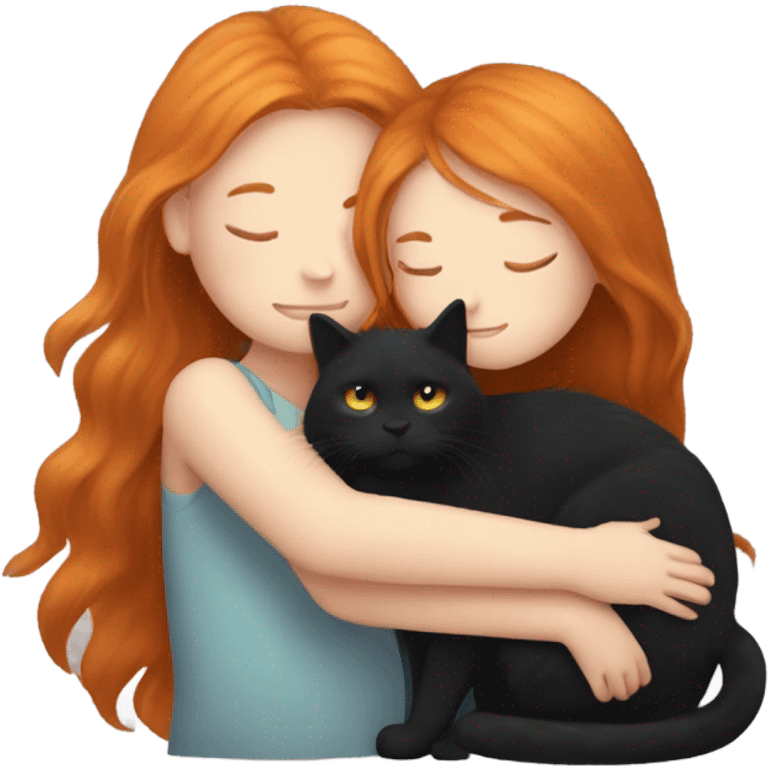 Ginger girl with long straight hair cuddling with black fluffy cat  emoji