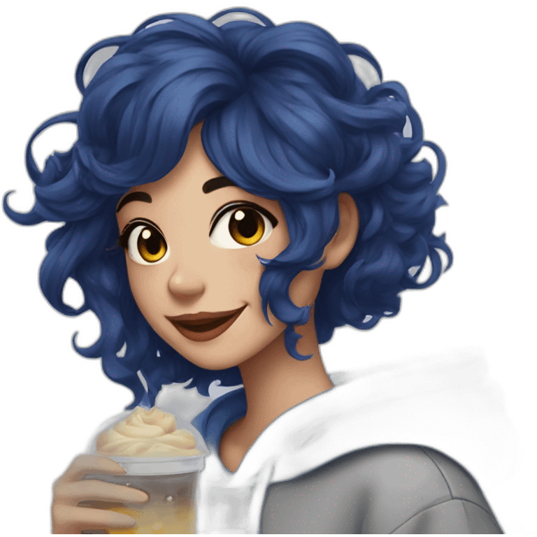 beautiful girl with midnight blue hair, bright smile, comfy hoodie, drinking boba emoji