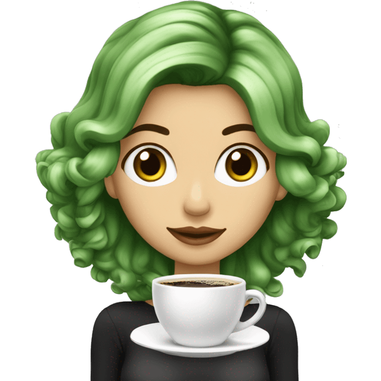 Mulher branca de olhos verdes e cabelo preto tomando café emoji