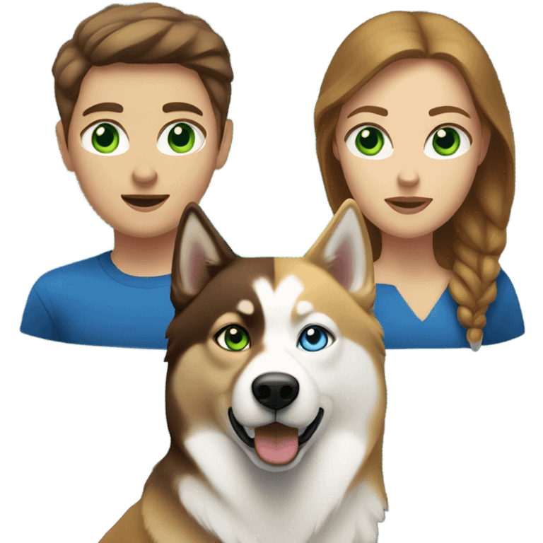 White Woman hair brown and bleus eyes and golden Husky With green eyes emoji