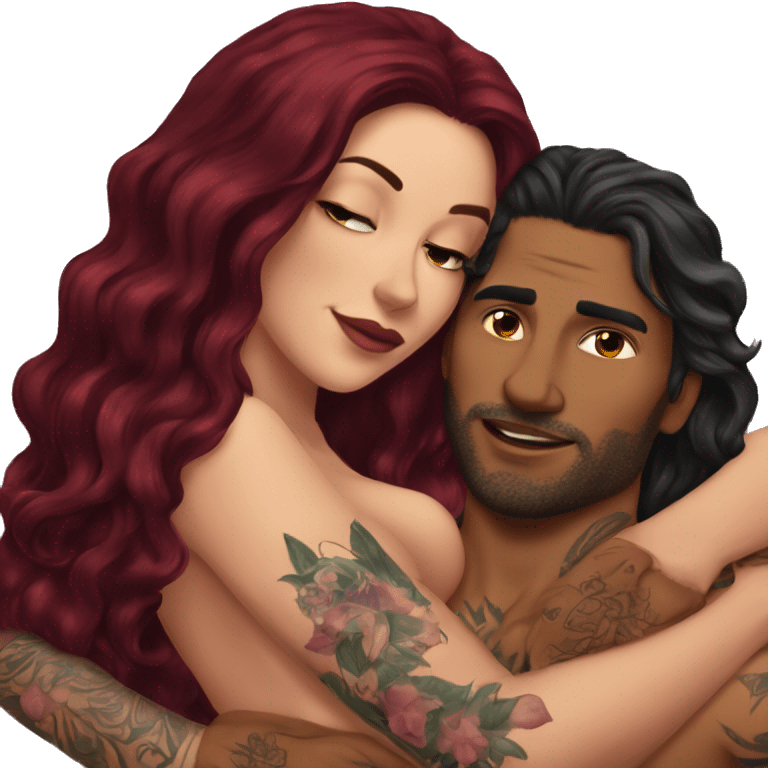 Beautiful tattooed burgundy long haired woman laying on the boyfriends chest emoji