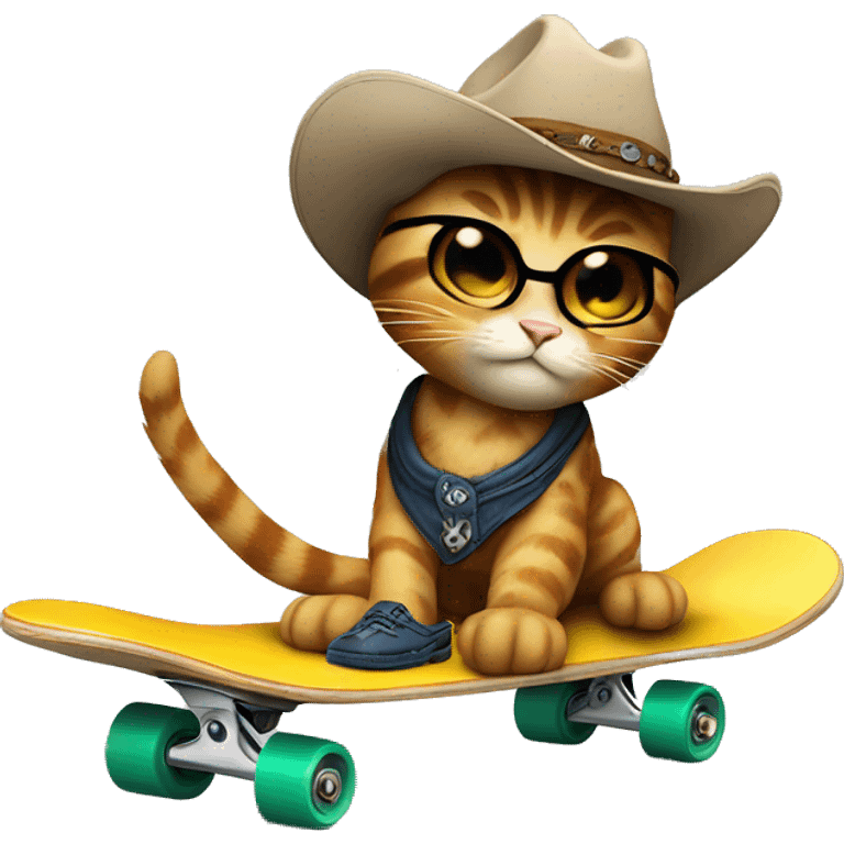 a cool cowboy cat on skateboard, lively emoji