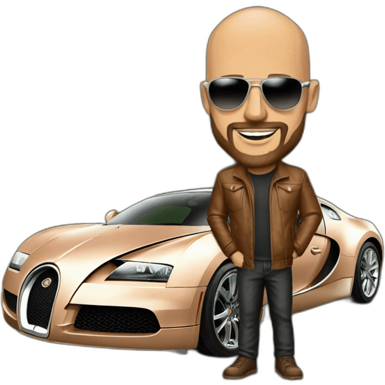 bald man wearing shades and has trimmed beard with normal colored skin standing next to a copper bugatti emoji