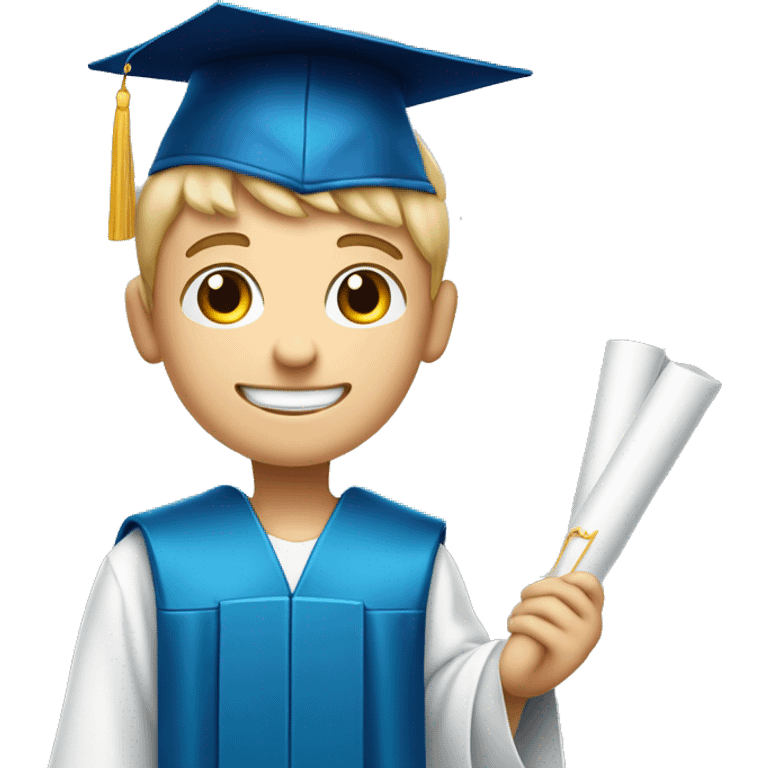 a happy boy with blue eyes and white skin wearing graduation cap while holding a diploma in his right hand  emoji