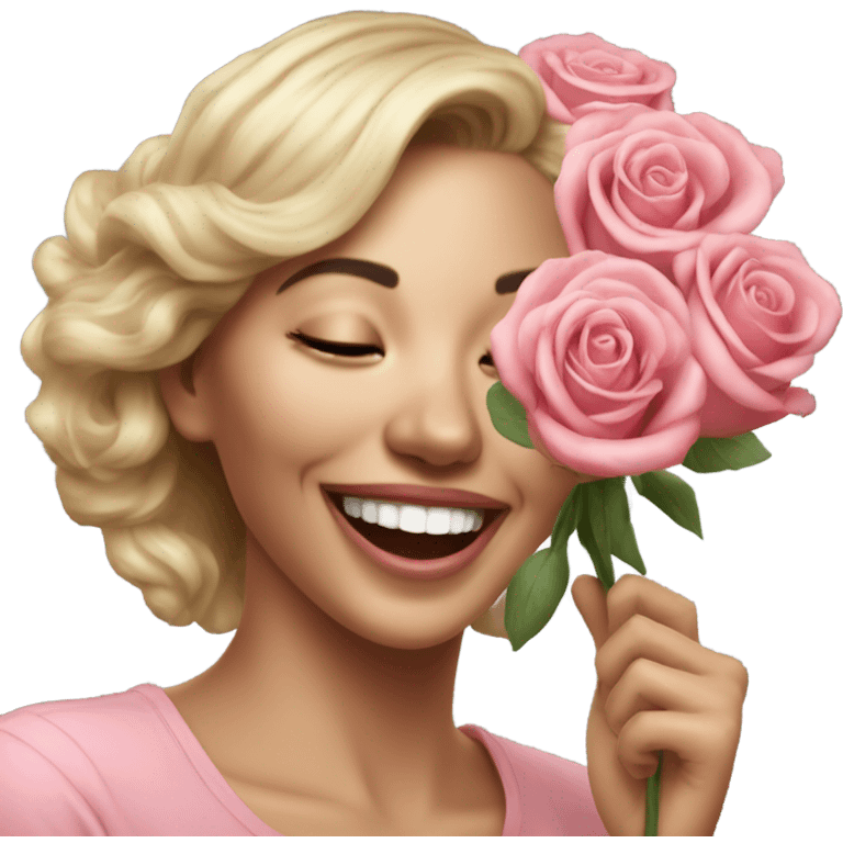 Hyper Realistic beautiful woman smells bouquet of roses laughing  emoji