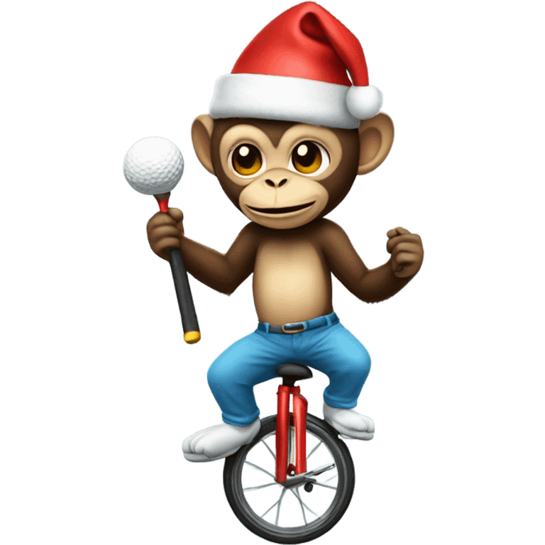 Monkey on a unicycle holding a golf club in a Santa hat  emoji