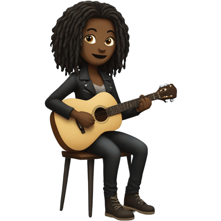 dark woman with short dreaded hair playing guitar sitting down emoji