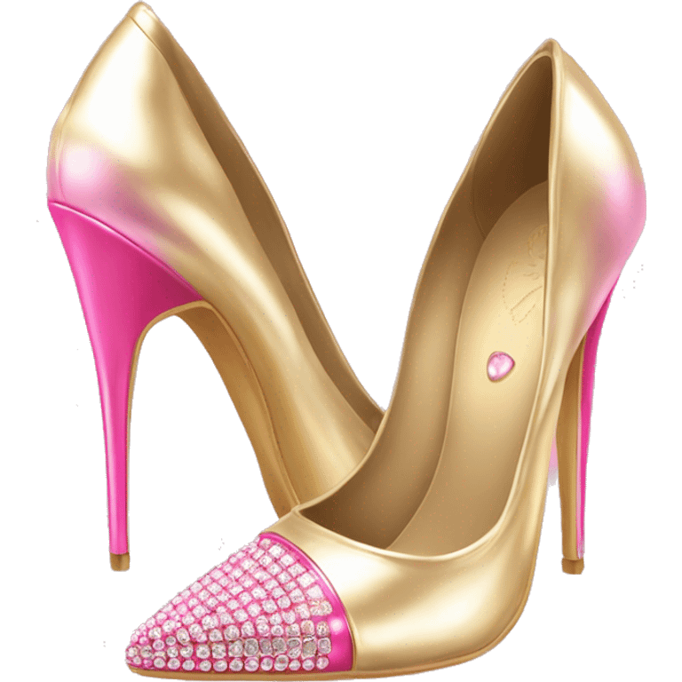 Realistic isolated top view of a pair of metallic light gold and metallic light bubblegum pink pointed toe high heel shoes with diamonds on the top of the toes. emoji