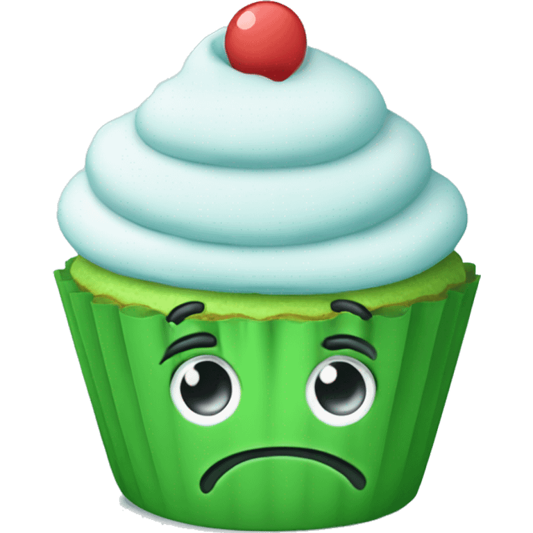 Sad green cupcake with an ice pack on top of the icing  emoji