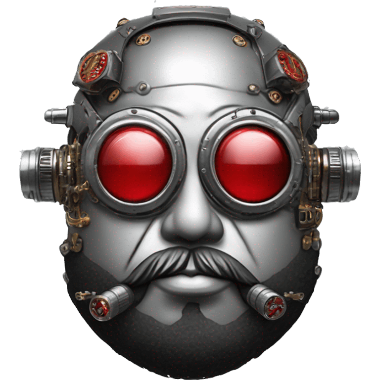 Fat cyborg head with red silver steampunk goggles, black beard and circuits emoji