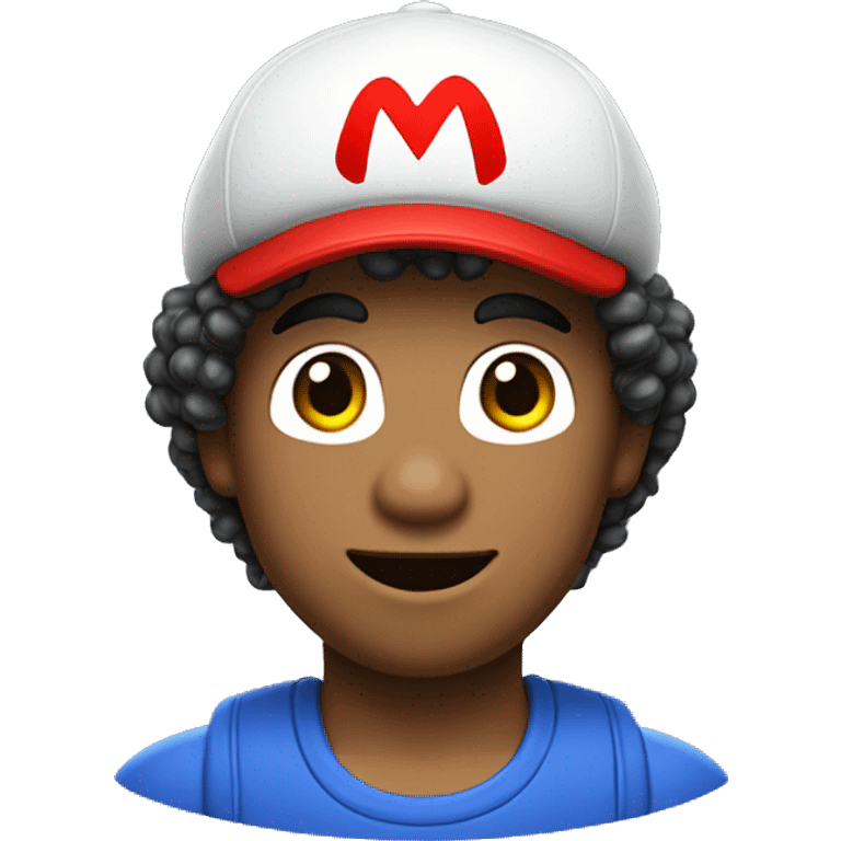 light skinned person with curly hair and Super Mario's cap emoji