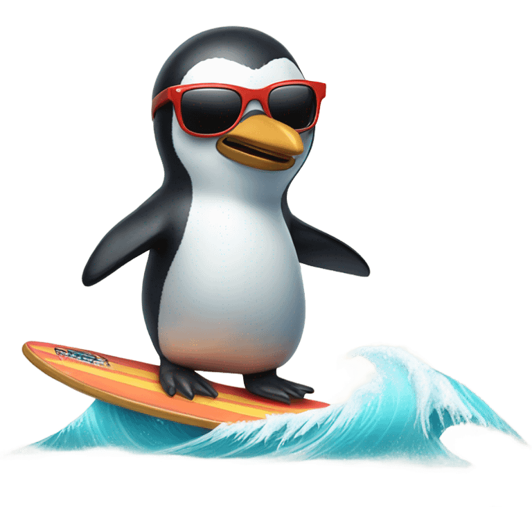 Penguin surfing with Hawaiian shirt and sunglasses emoji