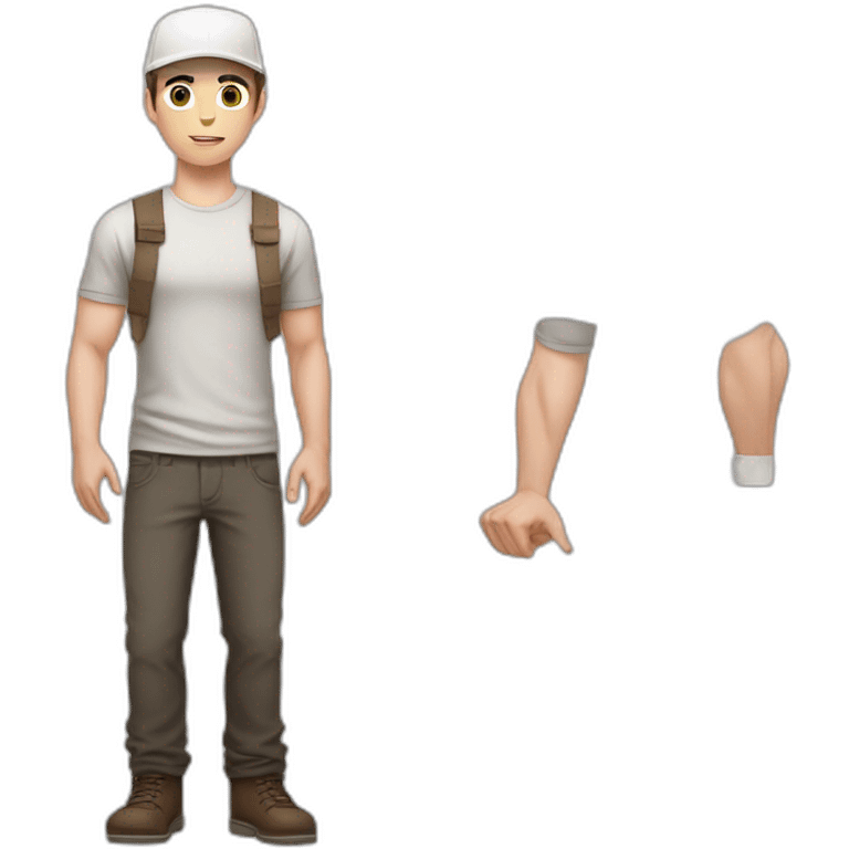 Pale skinned fit Man with dark brown hair in a light gray cap, dark brown jeans, brown polo and white T-shirt keeping a pasted with tape white box into his hands emoji