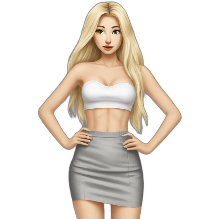 caucasian straight long haired blonde, white bustier, tight grey mini skirt, hyperrealist drawing emoji