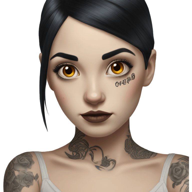 Hyperrealistic Pale girl with black hair arm tattoos emoji