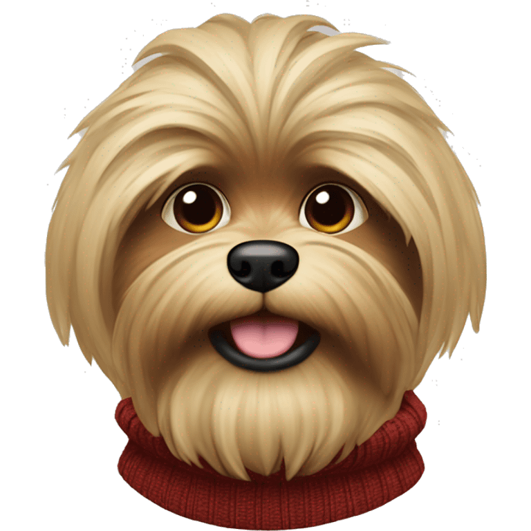 Create old shitzu blonde colored with brown nose and Chewbacca look. Red sweater turtleneck. Disheveled face  emoji