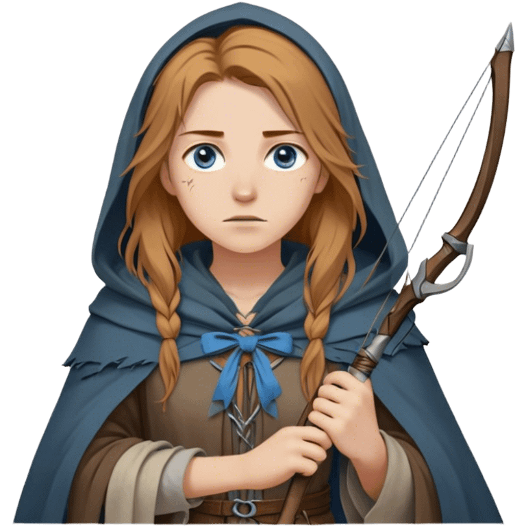 A young human woman with long, unkempt golden-brown hair, piercing blue-gray eyes filled with quiet determination. Dressed in a worn tunic and a tattered cloak, her calloused hands grip a bow, a hunter surviving against the odds. emoji