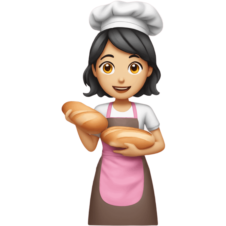 asian girl baking bread in a pink apron holding a bread pan emoji