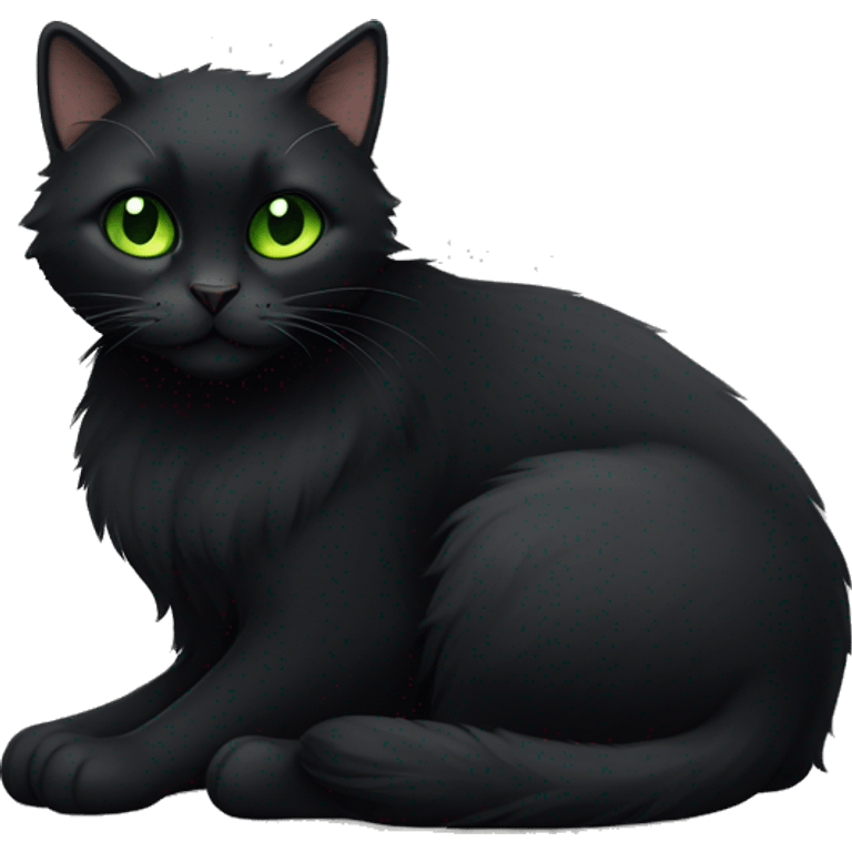 Black extra furry cat fully body laying down with green eyes emoji