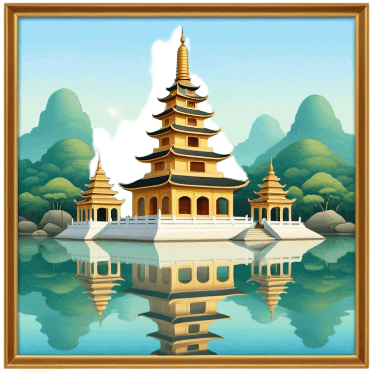 Cinematic Realistic Tran Quoc Pagoda Landmark Emoji, depicted with an ancient pagoda set on tranquil waters rendered with delicate textures and serene, reflective lighting. emoji