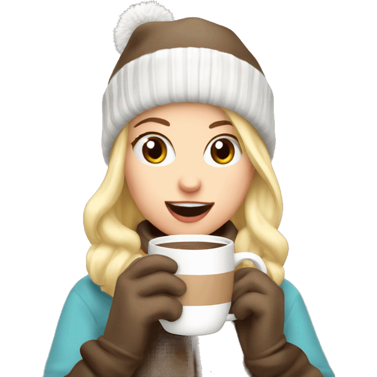 Blonde girl wirh gloves and beanie sipping her hot chocolate  emoji