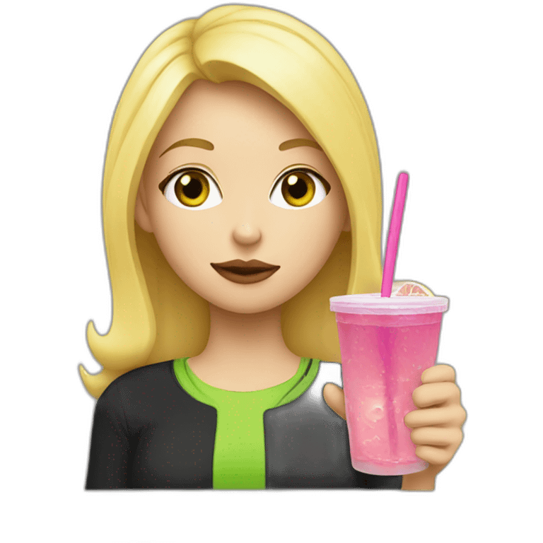 blonde girl straw drinking pink lemonade with one green lemon in the cup, with black watch black tshirt emoji