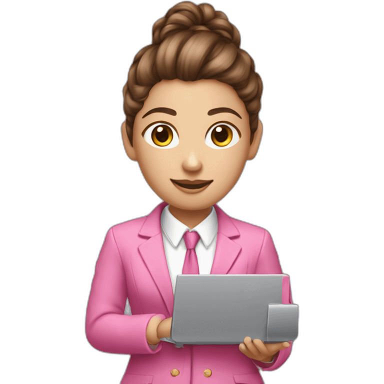 long brown curly pony tail girl with computer wearing pink suit emoji