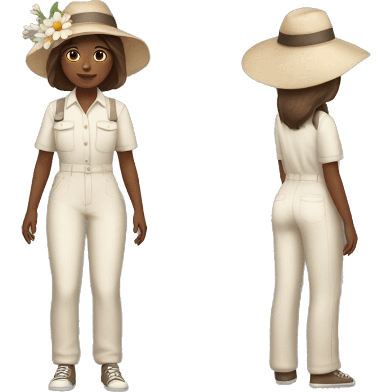 WHITE SKIN! Girl with a flower in her hand, with a hat, shoulder-length brown straight hair, wearing a pastel jumpsuit with white shirt in it emoji