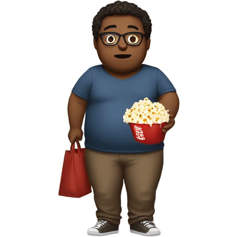 Fat Mocca-skin boy wearing glasses, holding popcorn in one hand and bag of nuts in the other hand  emoji