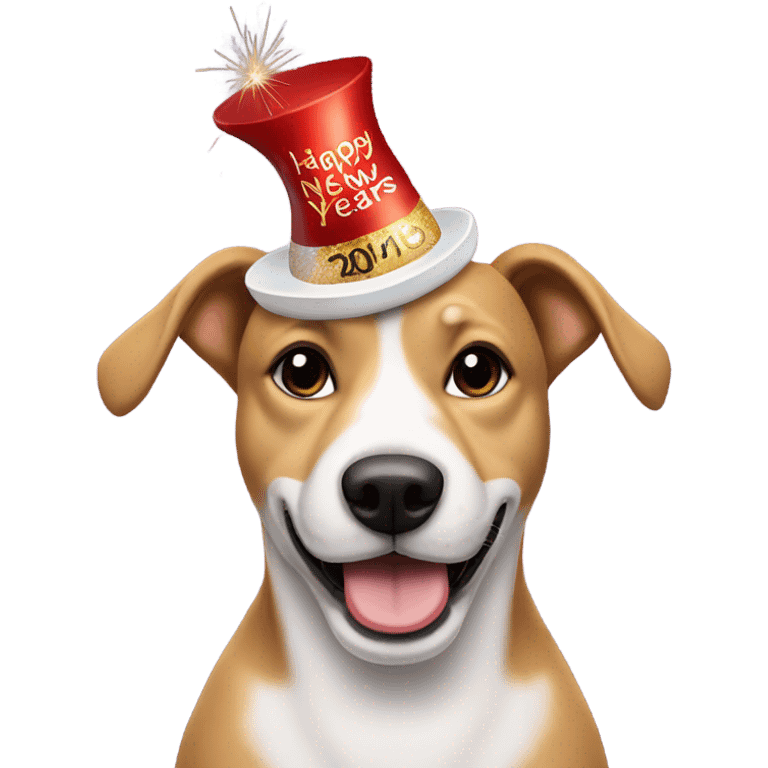 Dog wearing happy new years hat holding champagne emoji