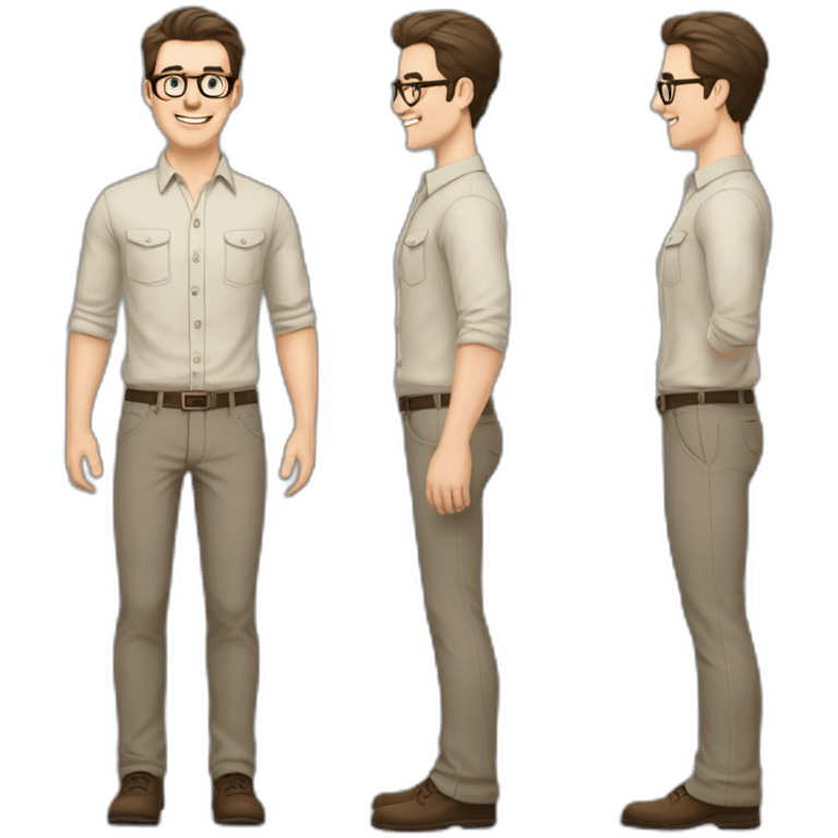 Joyful Full height Pale skinned Fit Man With dark brown hair in gray jacket, beige office shirt, Brown pants and vintage glasses. His thrumbs up emoji