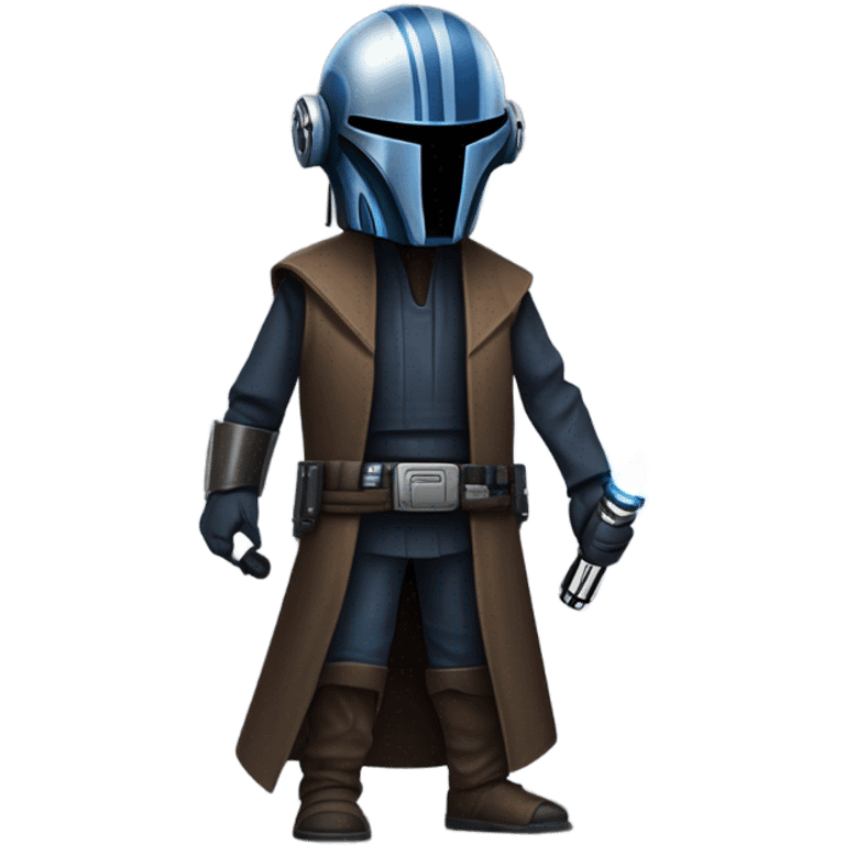 tough well-equipped jedi first order darkblue-pearl C3po as a friendly bounty hunter droid wearing a leather attire old west duster coat holding light saber ready  emoji