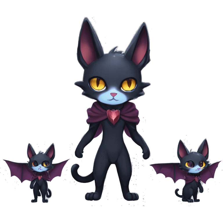   cool edgy beautiful anime-style ethereal dark-punk-themed animal vampiric cat-hybrid Fakemon with fangs and bat-wing-ears with a cape full body emoji