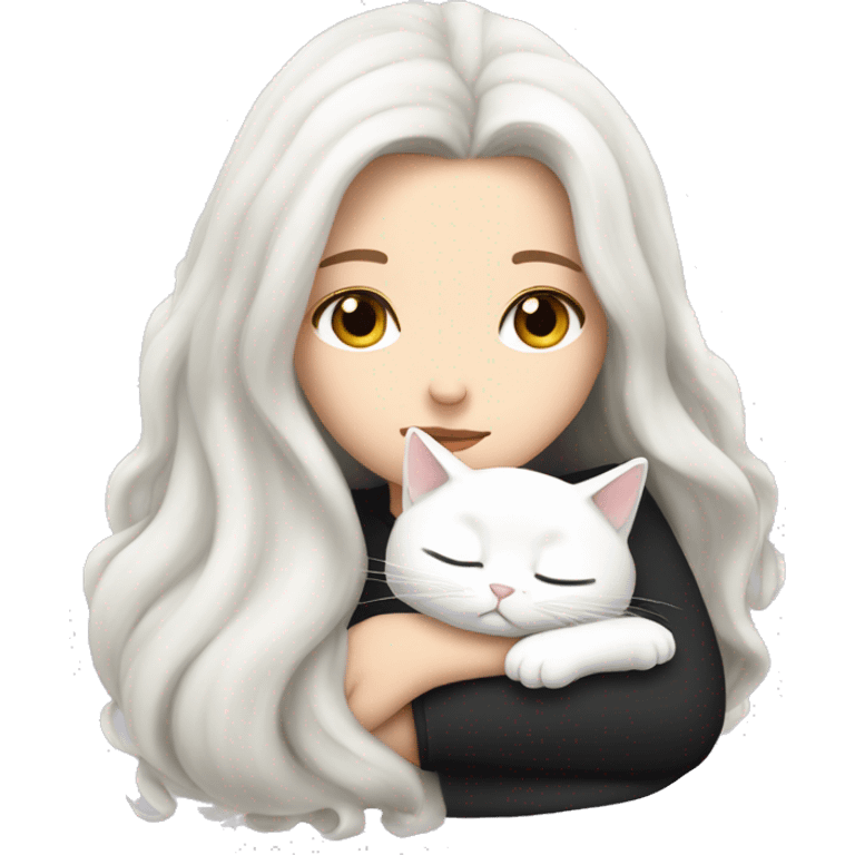 A pretty white girl with very long black hair and sleeping curled up to a white cat  emoji