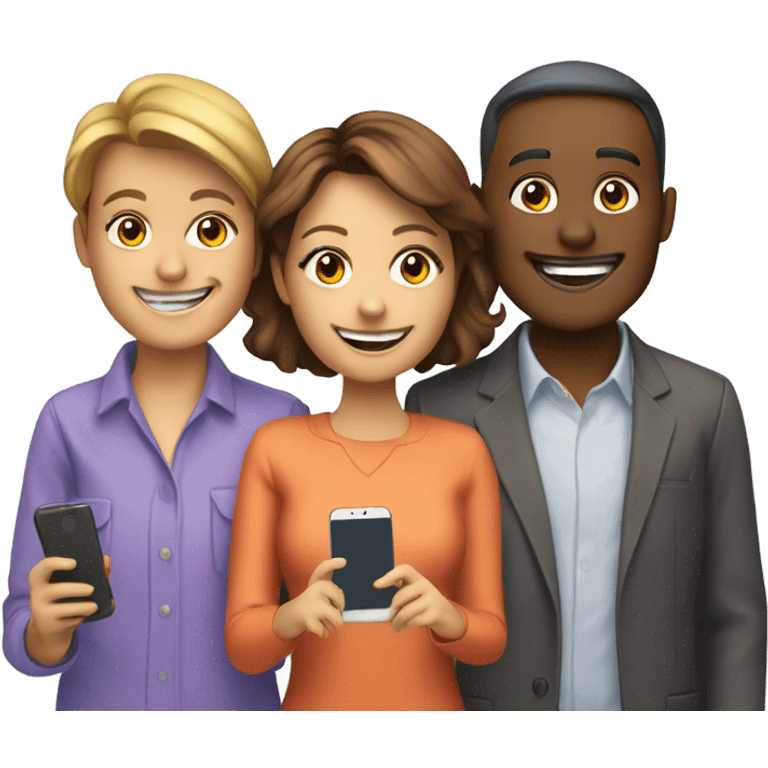 group with three happy person with a smartphone showing charts emoji