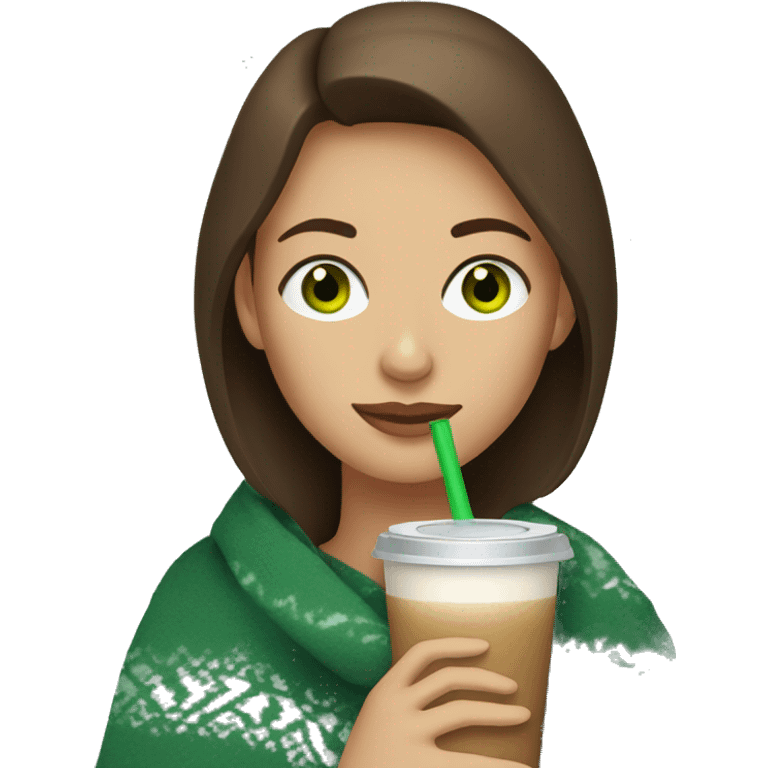 Woman with green eyes and brown hair cozy with a blanket drinking iced coffee emoji