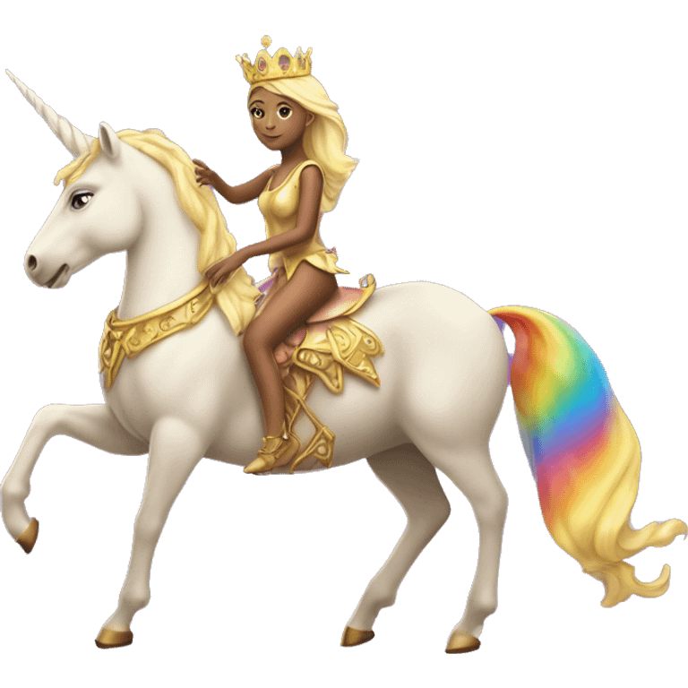 A fairy queen with purple wings and a golden crown riding a rainbow unicorn ￼ emoji