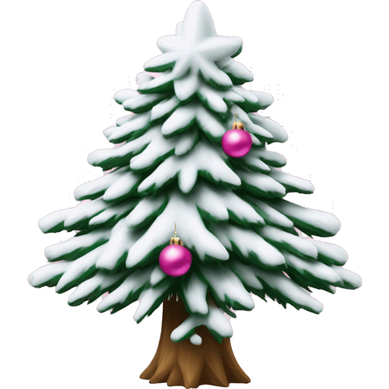 Snow covered pine Christmas tree with pink ornaments and snowflake star emoji