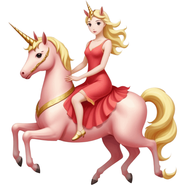 "woman, in long slim pastel red", rides "unicorn gold and white" emoji